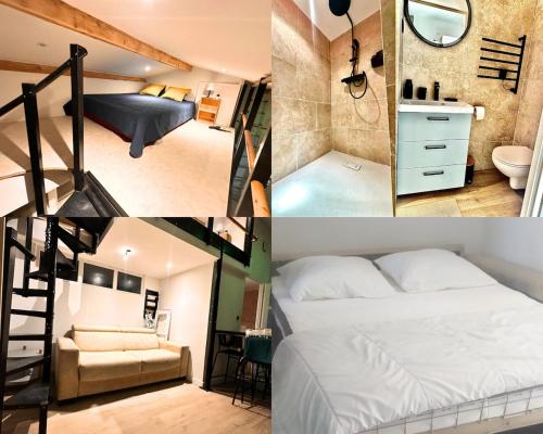 un collage di foto di una camera da letto e di un bagno di Le Salamandra a Six-Fours-les-Plages