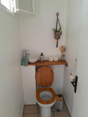a bathroom with a wooden toilet with a sink at L'Empreinte by LONBRAZ VOLKAN in Saint-Philippe