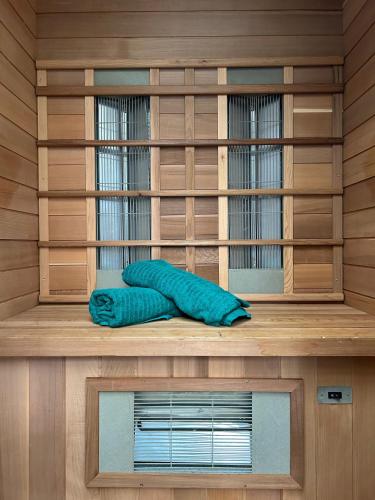 a sauna with a blue pillow sitting on a shelf at Tante Truus - Gezellig huisje op kindvriendelijk vakantiepark met zwembad in Hoenderloo