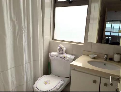 a bathroom with a toilet and a sink and a window at Departamento en Pingueral, Vista Maravillosa in Dichato