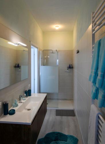 a bathroom with a sink and a shower at La Fonte Creativa in Caprino Veronese