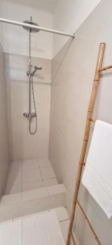 a bathroom with a shower with a glass door at Mermaid Cove - GARDEN in Blue Bay