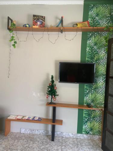 a living room with a tv and a christmas tree on a wall at Cantinho bora praia Boraceia in São Sebastião