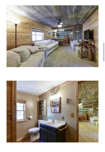 two pictures of a living room with a couch at Cozy Lake Cabin in Eagle Rock