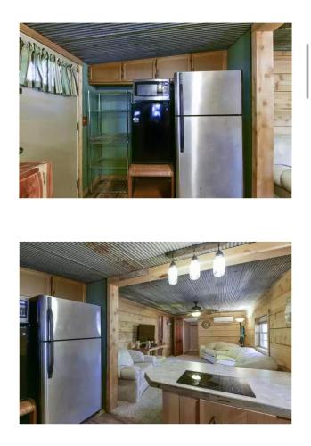 two pictures of a kitchen and a kitchen with a refrigerator at Cozy Lake Cabin in Eagle Rock