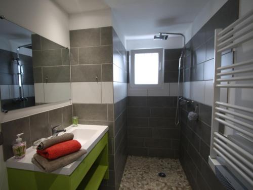 a bathroom with a sink and a shower at Charmant Gîte Moderne avec Terrasse, Proche Épinal & Nancy, Idéal pour Motards & Randonnées - FR-1-589-262 in Vincey