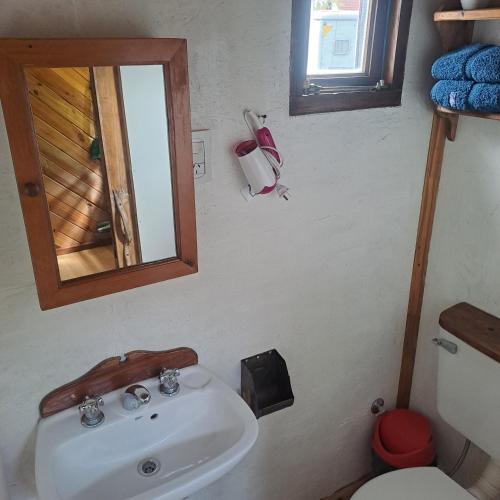Un baño con lavabo, inodoro y espejo. en Cabaña El Carpintero, en El Chaltén