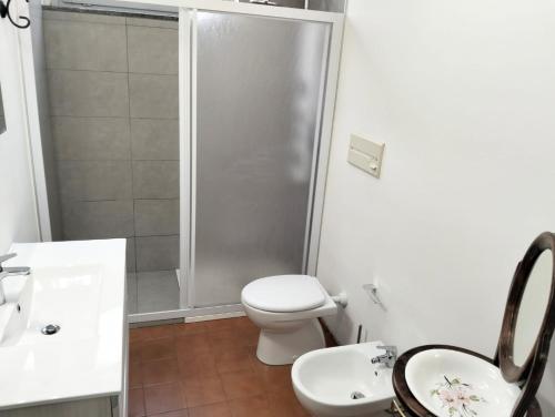 ein Badezimmer mit Dusche, Toilette und Waschbecken in der Unterkunft Appartamento di Marilù in Verbania