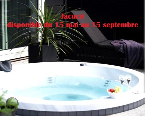 una bañera con un bol de fruta en ella en Logement avec jardin et jacuzzi privé au cœur de la Provence pour 2 adultes 1 enfant classé 4 étoiles, en Camps-la-Source