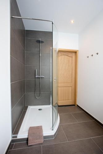 a shower with a glass door in a bathroom at Elysian in Ypres