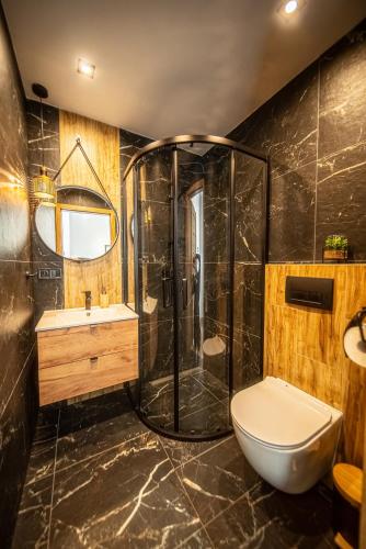 a bathroom with a shower and a toilet and a sink at RosoChata313 Domek w górach z Sauną,Jacuzzi,Basenem "Panieński" ruska Bania na wyłączność in Mogilno