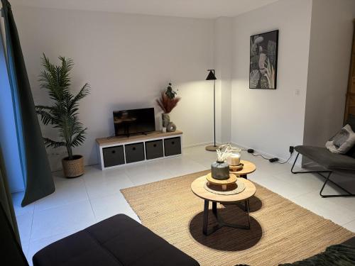 a living room with a couch and a tv at Frangines & Compagnie in Hotton