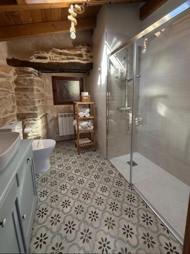 a bathroom with a shower and a toilet and a sink at Casa Veracruz Sanabria in Puebla de Sanabria