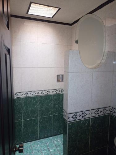 a bathroom with a shower with a toilet and green tiles at motel alamo in Guadalajara