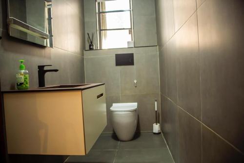 a small bathroom with a toilet and a sink at 3bedroom maisonette Banana, Ikoyi in Ikoyi