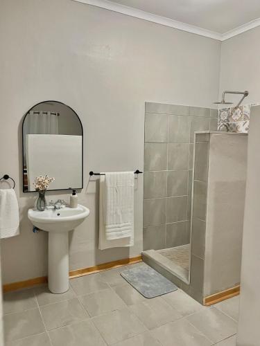 a bathroom with a sink and a shower at Lily Palms Rest in Tzaneen