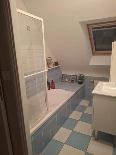 a bathroom with a shower and a bath tub at Chambre Privée Ploërmel in Ploërmel