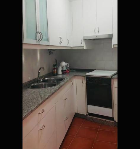 a kitchen with a sink and a stove at Casa da Tia Binda - refúgio no centro histórico in Monção