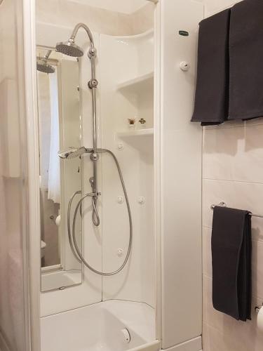 a shower with a glass door in a bathroom at Casa Marisa in Albenga