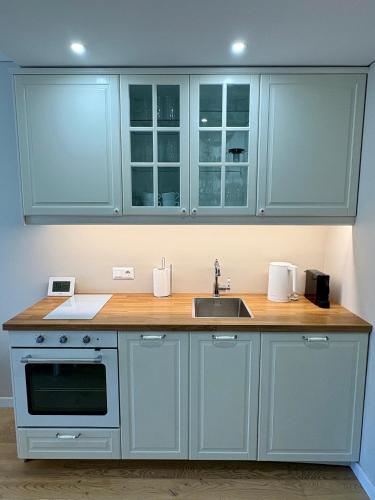 a kitchen with blue cabinets and a sink at Marios laiko apartamentai Juodkrantėje in Juodkrantė