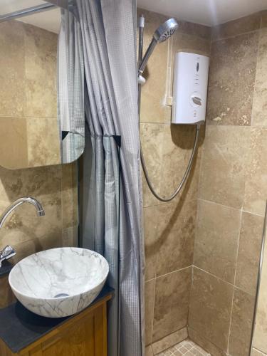 a bathroom with a sink and a shower at Cosy cottage in Torquay