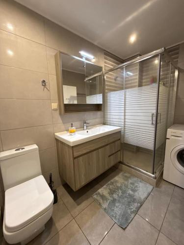 a bathroom with a toilet and a sink and a shower at Spacious & Fully Equipped 2-Bedroom Apartment in Heraklion in Heraklio