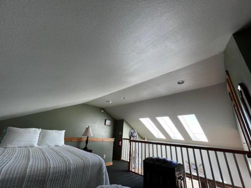 ニューポートにあるKrakens Koveの天窓付きのベッドルーム1室(ベッド1台付)