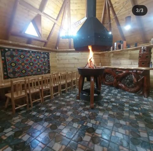 een vuurplaats in een kerk met een rij stoelen bij Корінь in Krasnoilov