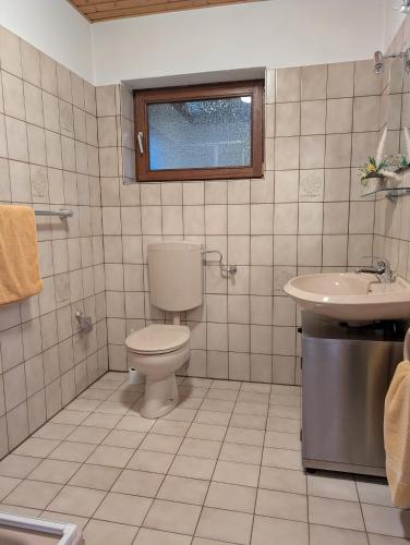 a bathroom with a toilet and a sink at Ferienwohnung Lygri in Olpe
