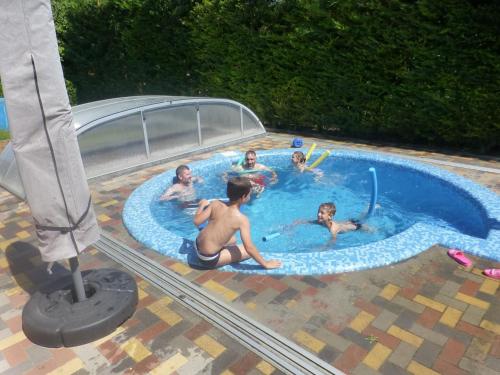 a group of people playing in a swimming pool at Magyar Tenger Pihenőház, house for 8 with garden at Balaton in Balatonkenese