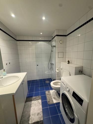a bathroom with a toilet and a washing machine in it at Verven 10 in Stavanger