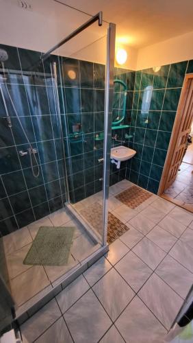 a shower with a glass door in a bathroom at Noclegi u Danuty in Groń