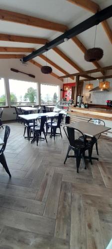 ラゴ・ランコにあるHostal lago Ranco Boutiqueのテーブルと椅子と窓のある広い部屋