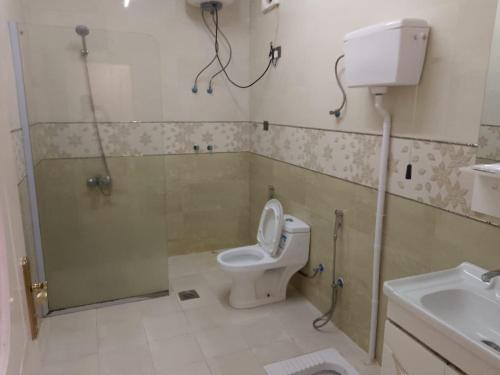 a bathroom with a shower and a toilet and a sink at شاليهات لودج in Al Humaizah