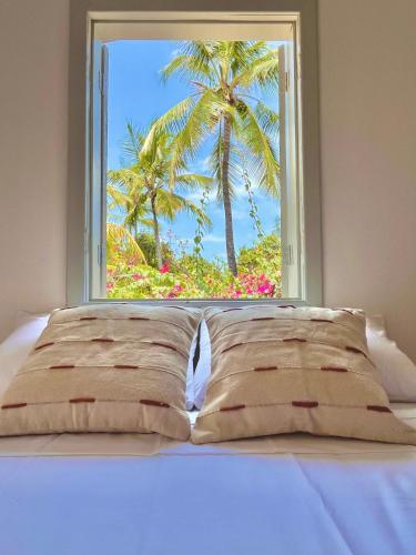 a bed with a view of a palm tree from a window at Pousada Tamuré in Caraíva