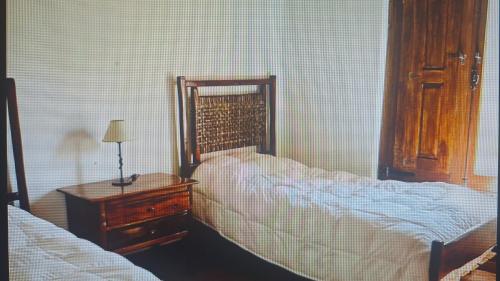a bedroom with two beds and a table with a lamp at La Buyi, Casa de Campo mirando al Champaqui in San Javier