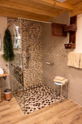 a shower with a glass door and a stool in a bathroom at Gemütlichkeit in Heltersberg