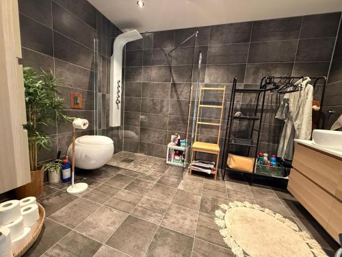 a bathroom with a shower and a toilet and a sink at Villa med 4 soverom, sjøutsikt og hage ved lokal badestrand in Bergen