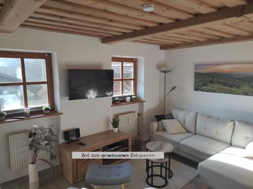un salon avec un canapé et une télévision dans l'établissement "BayernWald 201" Ferienwohnung mit Pool und Sauna, à Hauzenberg