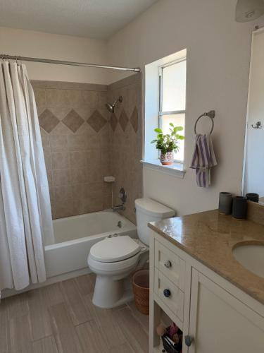 a bathroom with a toilet and a tub and a sink at Peaceful cottage in San Antonio