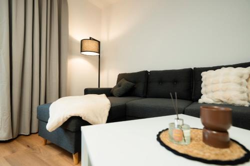 ErwitteにあるRandHome Apartment in Erwitte Hornのソファとテーブルのあるリビングルーム