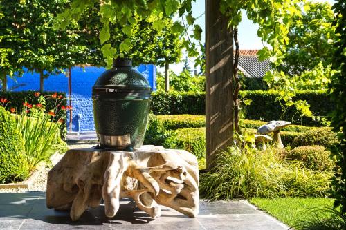 a lamp sitting on top of a tree stump at B&B Vinedo in Zele