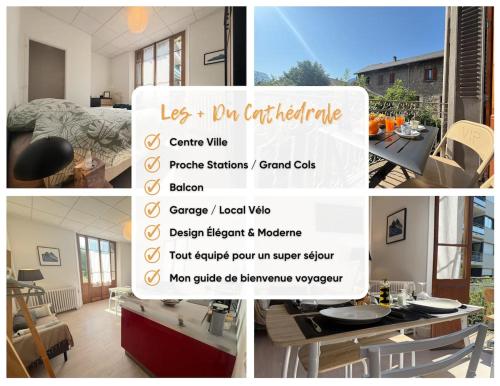 a collage of pictures of a living room and a dining room at Le Cathedral Hyper Centre Parking Balcon in Saint-Jean-de-Maurienne