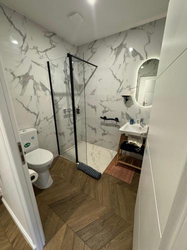a bathroom with a shower and a toilet and a sink at Cité Jardin in Orly
