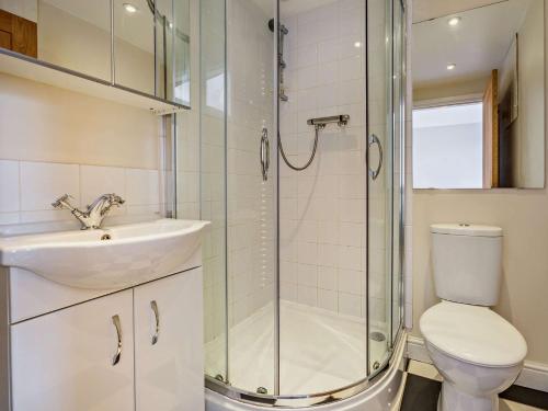 a bathroom with a toilet and a sink and a shower at 3 bed in Barnstaple 09092 in Umberleigh Bridge