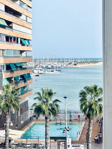 トレビエハにあるEliMar-Torrevieja Beachのヤシの木と建物のあるプールの景色を望めます。