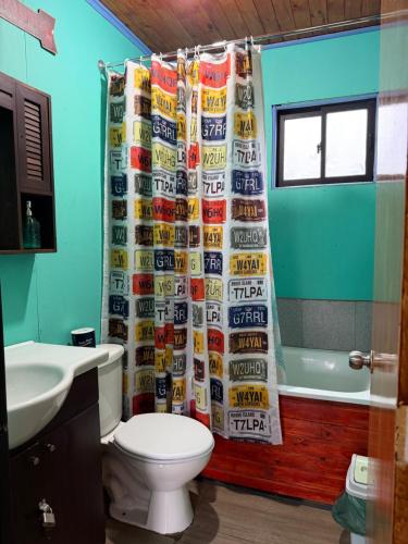 a bathroom with a toilet and a shower curtain with soda cans at Cabaña Curacautín, IX Región in Curacautín