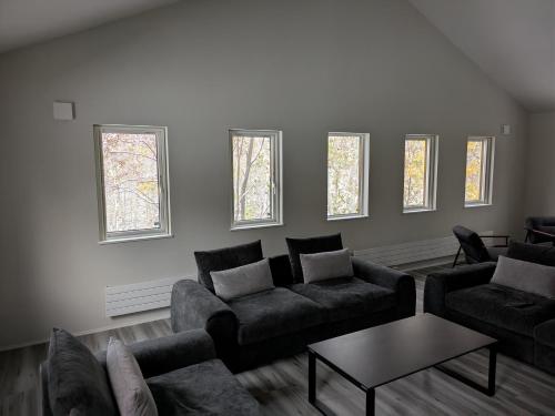 a living room with couches and a table and windows at Wakaba Niseko 新築1棟貸切 in Rankoshi