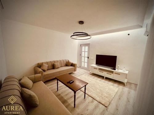 un salon avec un canapé et une télévision à écran plat dans l'établissement AUREA Apartment, à Prizren