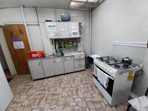 a small kitchen with a stove and cabinets in it at Patagonia Mágica in Punta Arenas